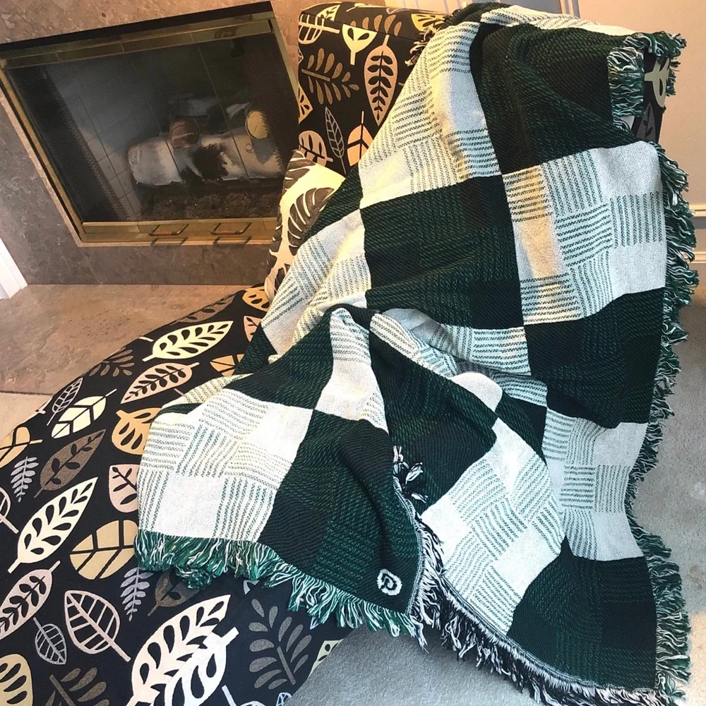 Green Cream Squares 100% Finest Quality Cotton Throw / Bedspread Blanket 50
